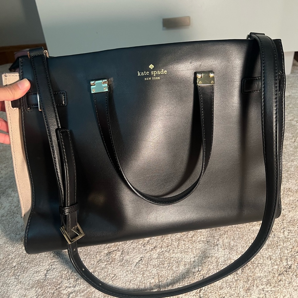Kate Spade Staci Black Nude Leather Large Satchel Shoulder Bag